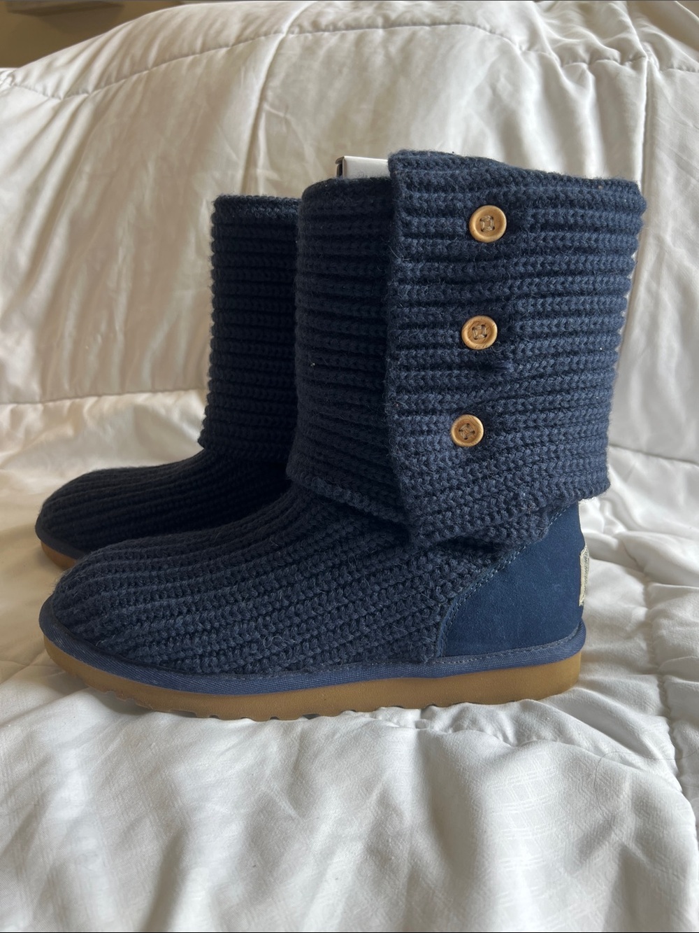 Womens UGG Navy Knit Button Boot - Comfortable Winter Shoe size 8